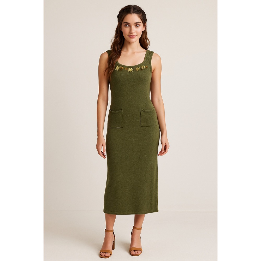 April‎ Cornell Maxi Dress Womens S Green Wool Embroidered Floral Cottagecore VTG